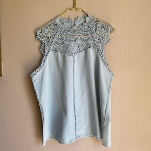 Lace Yoke High-Neck Camisole in Light Blue